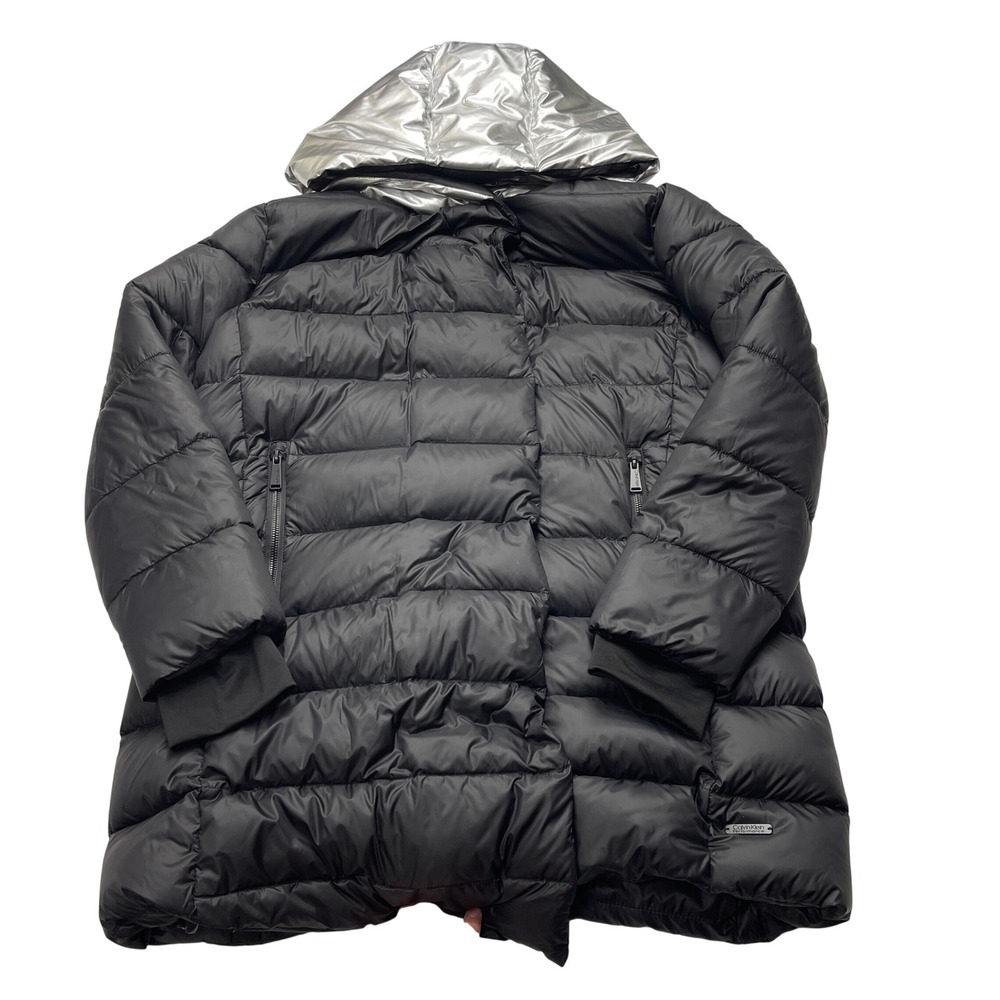 Calvin‎ Klein Performance Puffer Jacket Womens Large Black Silver Hood Down Coat